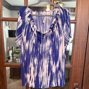 Jaclyn Smith Collection Blue White Abstract Cowl Neck Blouse Plus Size 2X NEW